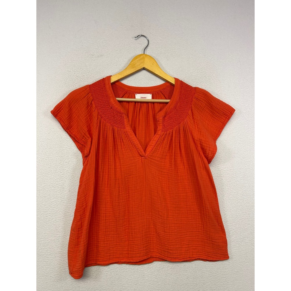 Boho Coastal Xirena Womens Small Orange Smocked Gauze Cotton Blouse Beachy
